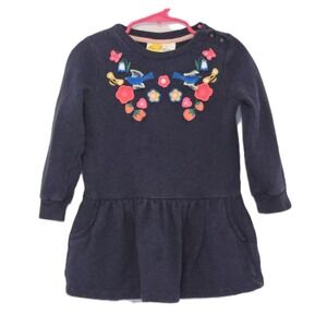 Mini Boden Kids Girls Navy Blue Bird Floral Embroidered Dress 3-4Y